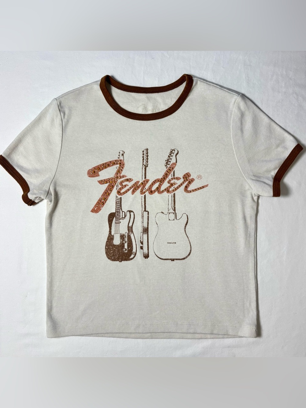Fender Y2K Retro Rhinestone Guitar Ringer Baby Tee Ivory Brown Small S